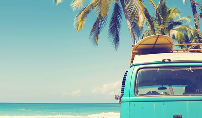 Wall Mural - Vintage retro summer travel concept, vintage blue van with surfboard on the roof standing near palm trees at the beach. Retro filter effect. In the style of vintage photography