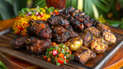Wall Mural - Caribbean feast: jamaican jerk chicken and pork skewers with tropical sides, served on a rustic wooden board