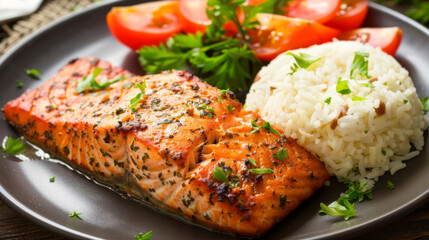 Wall Mural - Traditional jamaican grilled salmon fillet served with white rice and fresh herbs, accompanied by sliced tomatoes on a wooden table