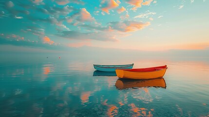 Wall Mural - Dreamy seascape with colorful boats floating on calm waters