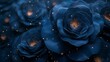 Blue roses and gold glitter background