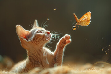 Wall Mural - A playful Sphynx cat batting at a fluttering butterfly, its wrinkled skin rippling with every movement.