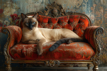 Wall Mural - A regal Siamese cat lounging gracefully on a velvet chaise longue, basking in the afternoon sunlight.