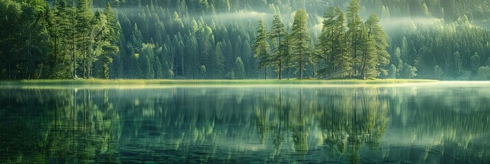 Wall Mural - a serene lake surrounded by lush green trees, with a tall tree standing out in the foreground