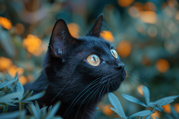 Wall Mural - A sleek Bombay cat prowling through a moonlit garden, eyes gleaming with nocturnal mischief.