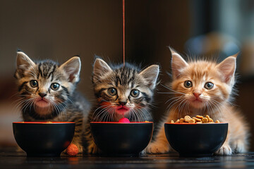 Wall Mural - A trio of playful kittens batting at a dangling toy, taking a break to enjoy a bowl of kitten kibble.