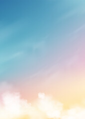 Wall Mural - Sky Background,Blue color abstract fluffy cloud,Cartoon Morning Summer Sky pastel yellow,pink,Fantasy dramatic soft orange Sunset in Autumn,Vector illustration fairy blur gradient sunrise in Winter
