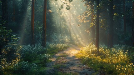Wall Mural - Enchanting forest path illuminated by sunlight filtering through the trees