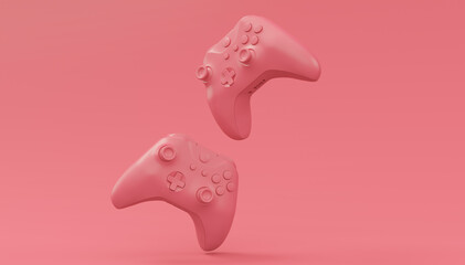 Poster - Video game joysticks or gamepads in plain monochrome pink color background