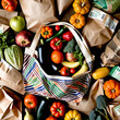 Assorted bags of fruits and veggies surround a bag filled with fresh produce