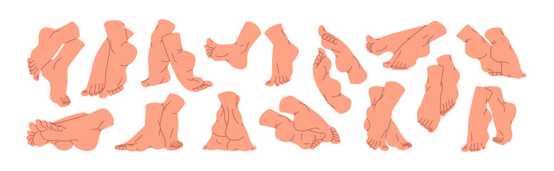 Barefoot female feet in different poses set. Bare human legs anatomy from various sides, views. Toes, fingers with pedicure. Tiptoe, walk, step. Flat isolated vector illustrations on white background