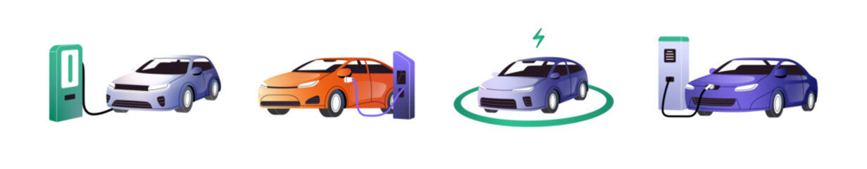 Wall Mural - Electric cars recharge set. Automobiles parking on charging stations. Vehicles on sustainable energy refuel at auto charger. Eco clean transport. Flat isolated vector illustrations on white background