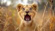 Lion cub with shocked and amazed expression