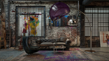 Nickel and deep purple glass floor lamp setting a creative mood in an artist's loft.