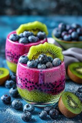 Wall Mural - Blueberry and kiwi smoothie in a glass with fresh fruit toppings.