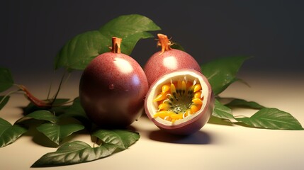 Wall Mural - Passion fruit with leaves on a black background. 3d illustration