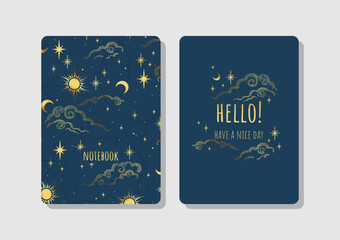 Wall Mural - cover design with blue space pattern. hand drawn elements. invitation, greeting card, cover book, no