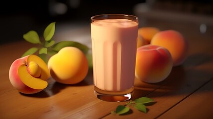 Wall Mural - A glass of apricot smoothie with fresh fruits on a wooden table