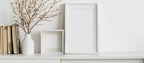 Poster - Display a white picture frame and dried twigs in a vase on a bookshelf or desk. The color scheme is mostly white.