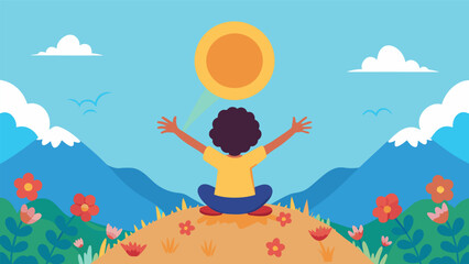 Wall Mural - A child sitting on top of a mountain with their arms outstretched looking out at a field of flowers and a bright sun representing the boundless. Vector illustration