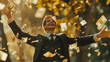 © ALL YOU NEED studio - handsome young businessman is happy, throwing money in the air, wearing suit . The background of falling dollars in motion blur