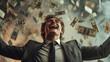 © ALL YOU NEED studio - handsome young businessman is happy, throwing money in the air, wearing suit . The background of falling dollars in motion blur