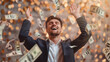 © ALL YOU NEED studio - handsome young businessman is happy, throwing money in the air, wearing suit . The background of falling dollars in motion blur