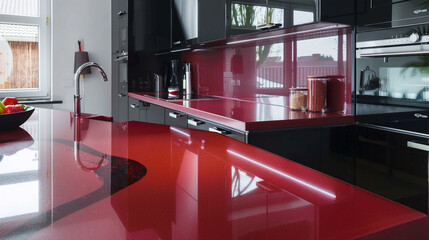 Sticker - Modern kitchen featuring ruby red countertops and glossy black cabinets.