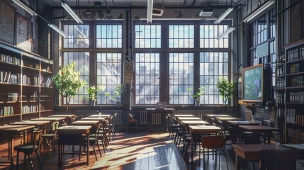 Comfortable classroom in anime art style.