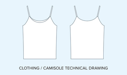 Wall Mural - Blank Camisole Technical Drawing, Apparel Blueprint for Fashion Designers. Detailed Editable Vector Illustration, Black and White Womens Clothing Schematics, Isolated Background