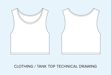 Wall Mural - Blank Tank Top Technical Drawing, Apparel Blueprint for Fashion Designers. Detailed Editable Vector Illustration, Black and White Womens Clothing Schematics, Isolated Background