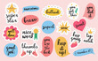 © Daria - Big set with 18 cute appreciation phrases, encouraging stickers or badges, isolated on a pink background. Hand drawn vector illustrations
