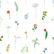 Floral seamless pattern, repeating background. Endless texture, field flowers, summer blooms, branches, tiny wildflowers. Botanical natural flat vector illustration for textile, wallpaper, wrapping