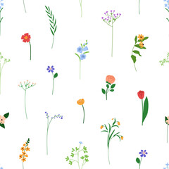 Fototapete - Floral seamless pattern, repeating background. Endless texture, field flowers, summer blooms, branches, tiny wildflowers. Botanical natural flat vector illustration for textile, wallpaper, wrapping