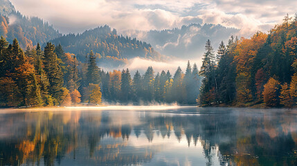 Wall Mural - Beautiful morning coniferous forest near the river