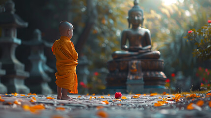 Little Buddhist monk standing against the background of a buddha statue, Ai Generated Images