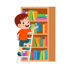 Wall Mural - little kid take a book from bookshelf using ladder