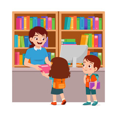 Canvas Print - little kid and friend ask librarian to borrow book from the library