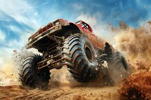 An Off-road Monster Truck Kicks Up Dirt As It Conquers Rugged Terrain. Its Massive Wheels Churn The Earth, Leaving A Trail Of Dust Behind.
