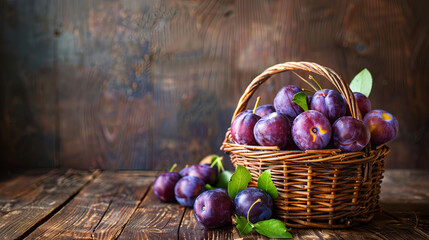 Wall Mural - Basket of ripe delicious plums on wooden background