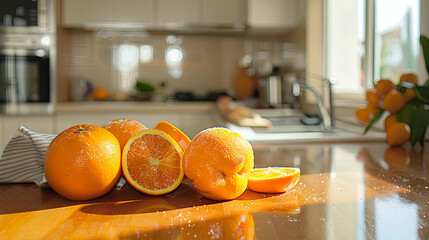 Wall Mural - Fresh oranges on the kitchen table of a cozy bright kitchen