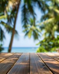 wooden table with a view of the beach and palm trees in the background, minimalistic photography for product showcase