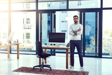 Wall Mural - man, manager and desk in office, stand and creative career in workplace. entrepreneur, arms crossed 