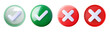 Set Check and Cross Icons in Red and Green Colors. Vivid collection of 3D rendered icons featuring check marks in green and cross marks in red, ideal for visualizing choices, decisions, and feedback.