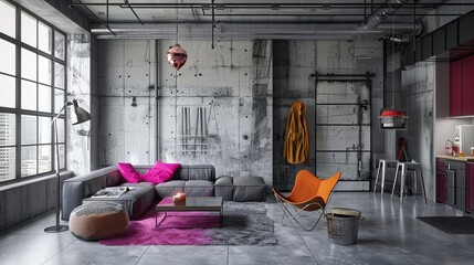 Wall Mural - Contemporary loft with gray walls, fuscia color pops, and industrial metal details.