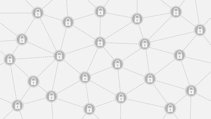 A network of padlock icons connected by dotted lines on a grey background, symbolizing interconnected security systems.