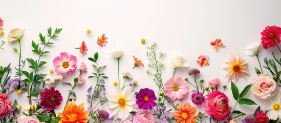 Wall Mural - Colorful flowers, leaves, and open space for messages arranged in an artistic design. Embracing the beauty of nature in a visually appealing manner. Flat lay composition.