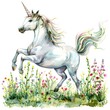 Watercolor illustration depicting an elegant unicorn prancing joyfully through a vibrant garden of various blooming flowers.
