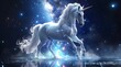 Stunning digital art of a white unicorn with flowing mane, galloping across a mirrored surface under a starry cosmic sky.
