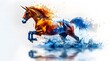 Artistic representation of a horse painted in vibrant watercolor splashes of blue and orange, capturing dynamic motion.
